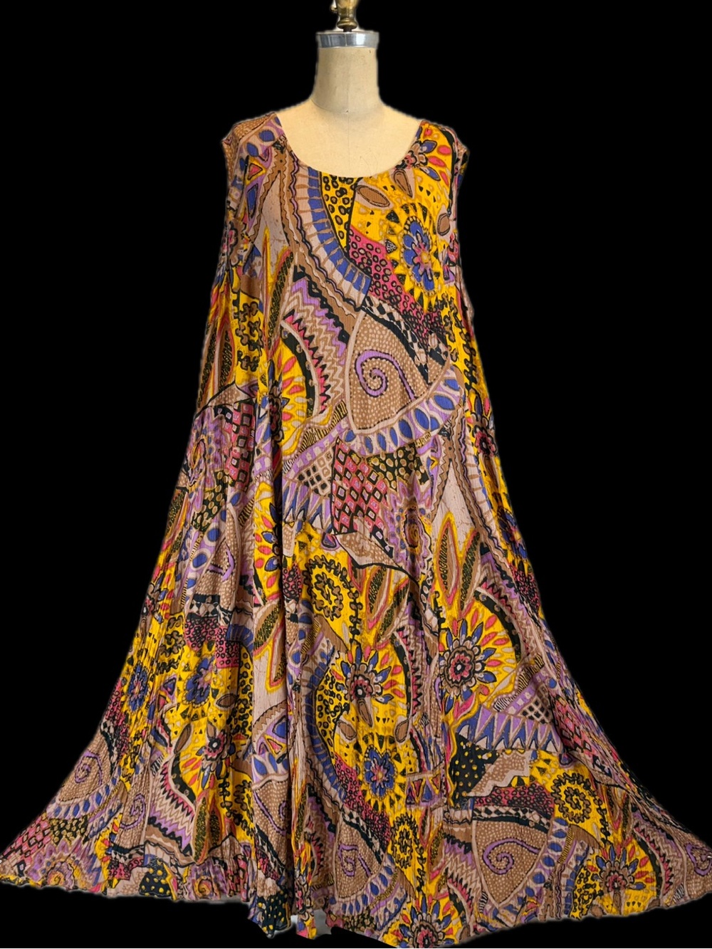 VINTAGE psychedelic bohemian paisley maxi dress sleeveless loose flowing 90s XL